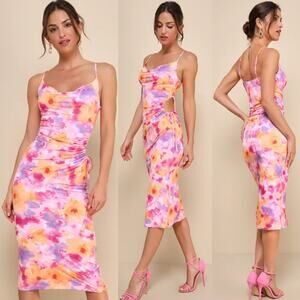 NWT Lulus Vibrant Babe Pink Multi Floral Cutout Drawstring Midi Dress Size S